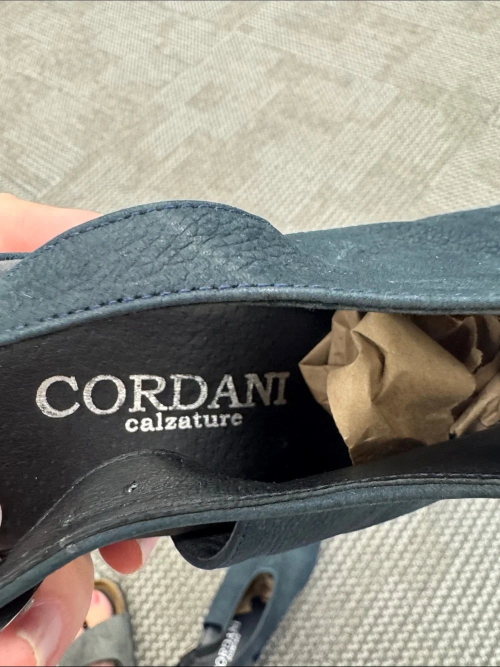 Cordani Navy Slingback Leather Wedges, size EU 38/ US 8